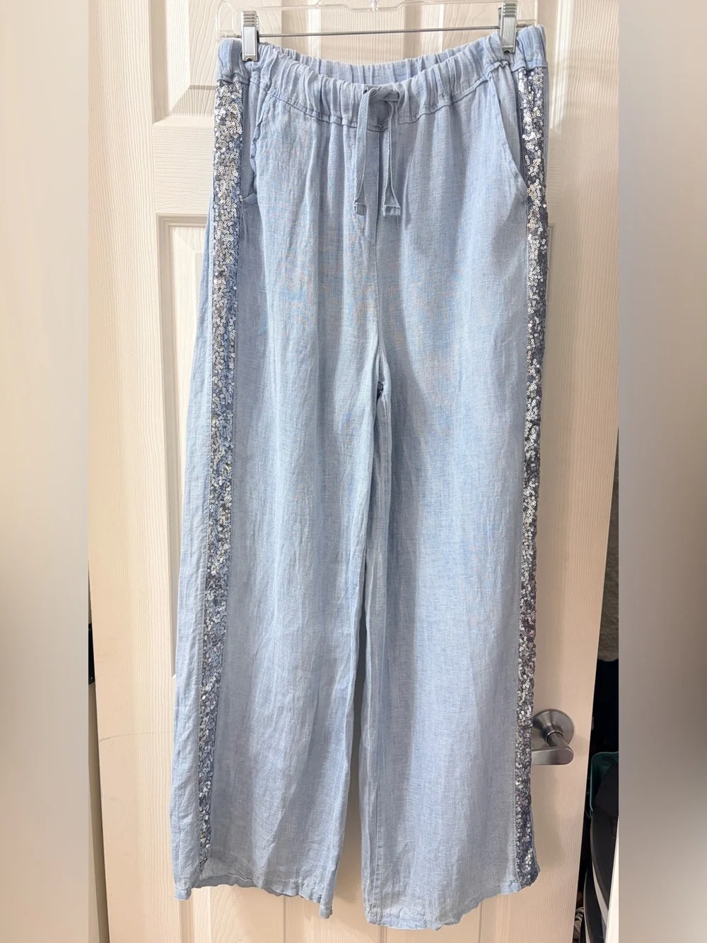 Saks Fifth Avenue 100% Linen Chambray Blue Wide-Leg Sequin-Trim Pants Medium